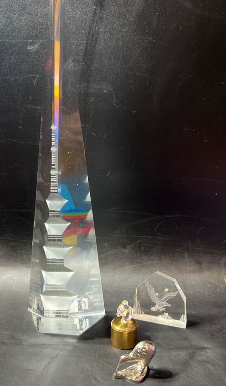Glass and Metal Figurines Including Tower, Eagle, and Animal Figures