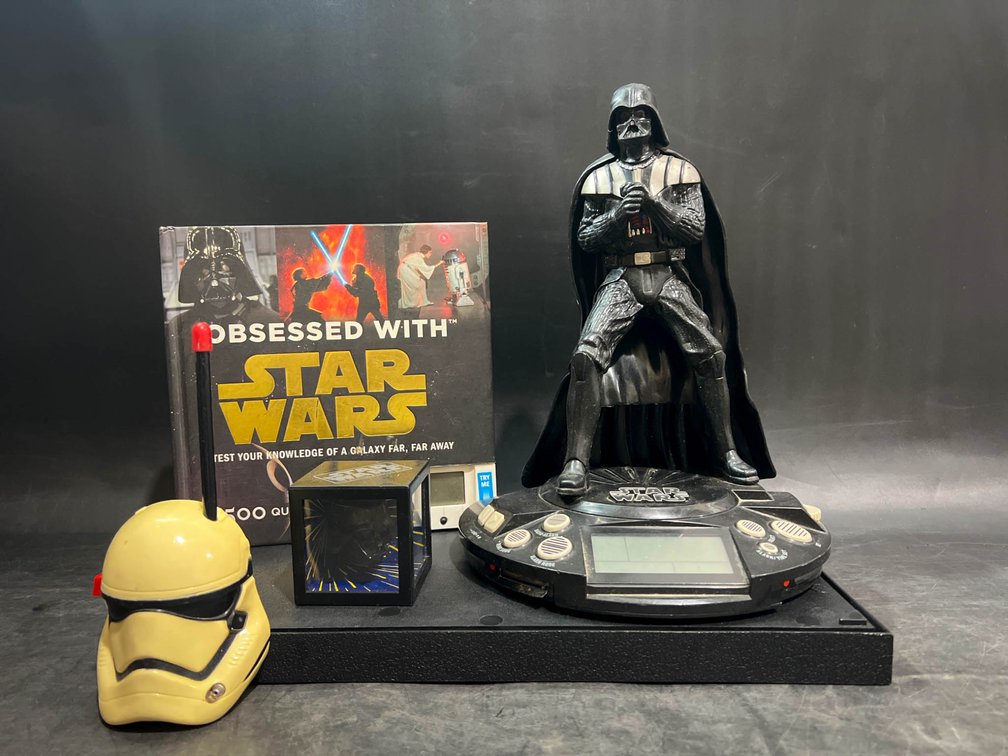 Star Wars Lot with Darth Vader Alarm Clock and Radio, ‘Obsessed with Star Wars’ Book, Holograph Cube, and Stormtrooper Walkie-Talkie