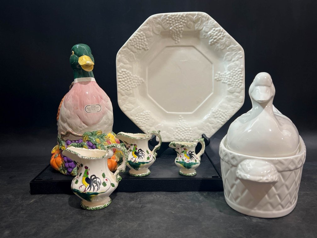 Ceramic Kitchenware Including 12-Inch Plate, Duck Pitcher, and Duck Covered Dish