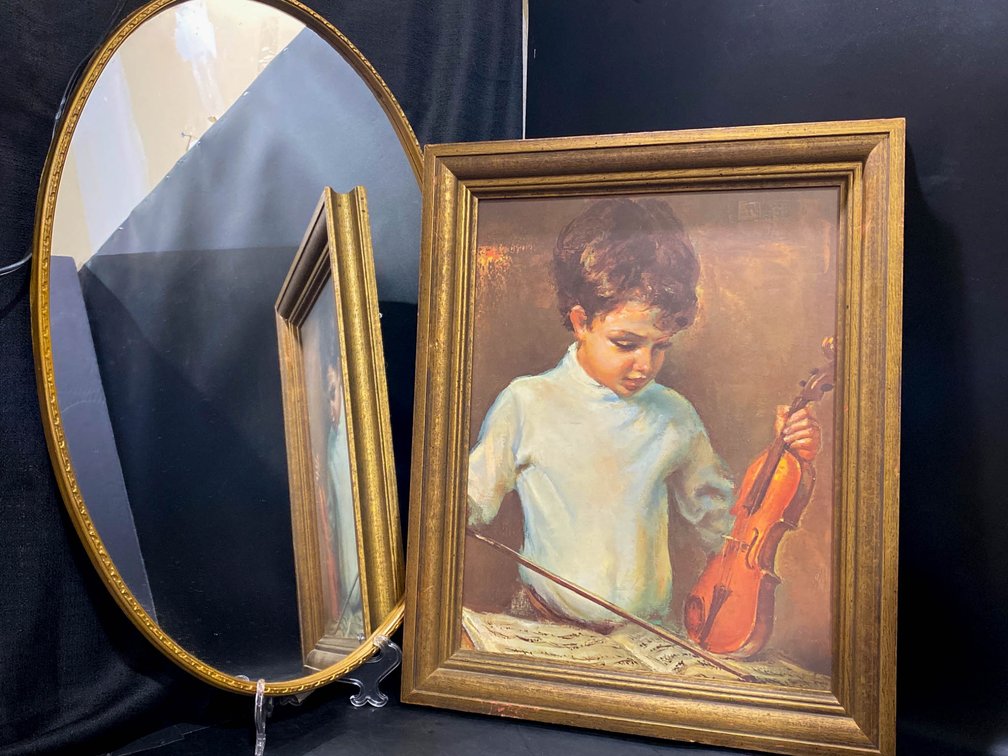 Oval Mirror and Framed Portrait of Boy with Violin