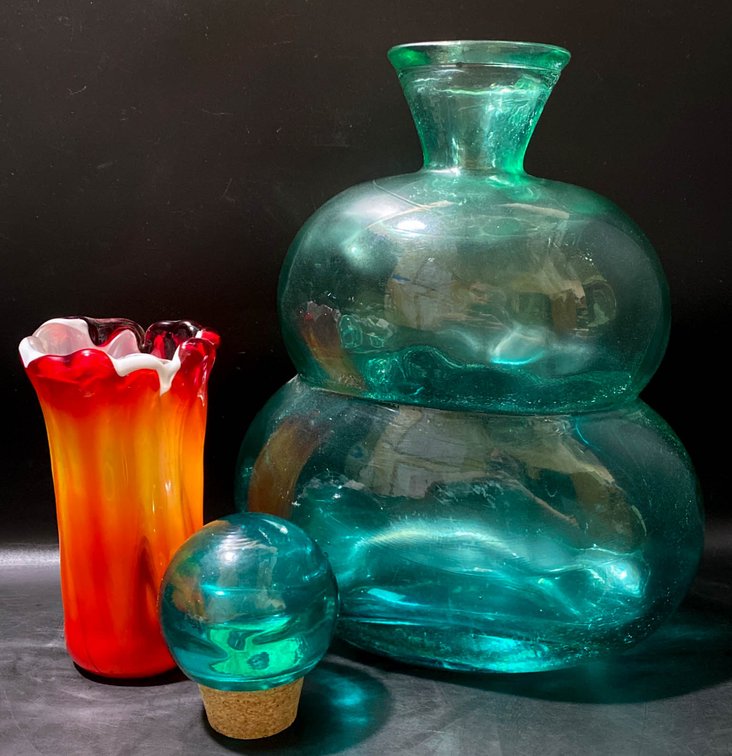 Art Glass Items Including Vase, Decanter, and Stopper
