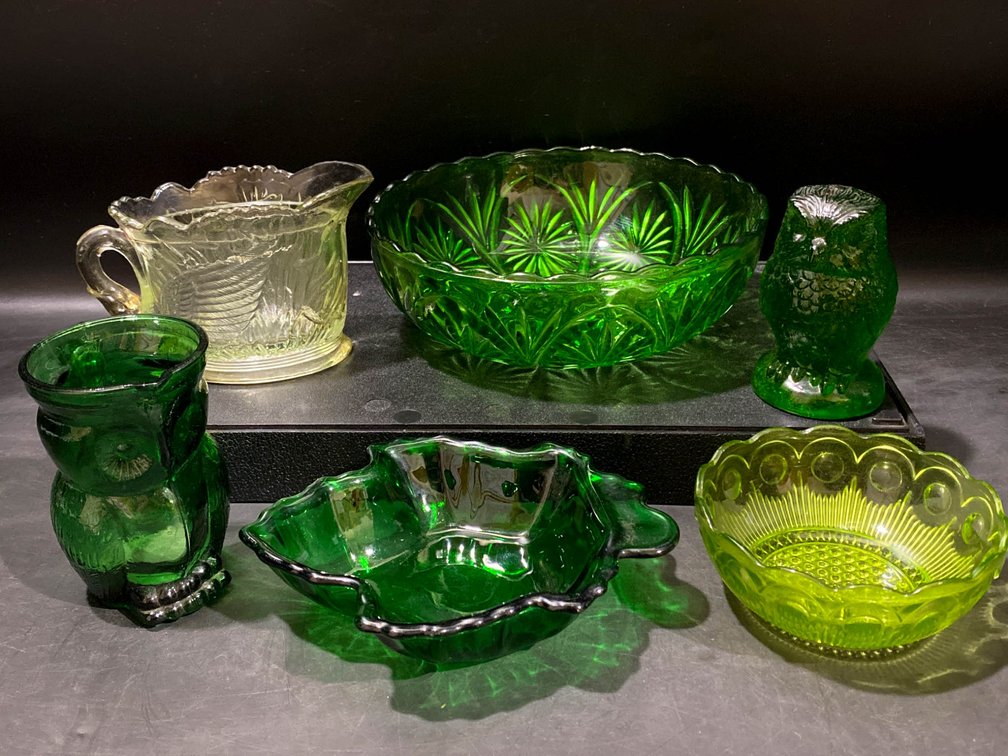 Green and Clear Pressed Glass Serving and Decorative Items