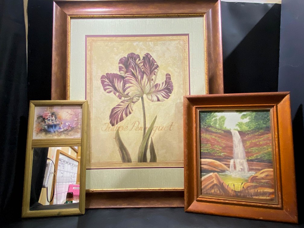 Three Framed Wall Art Pieces, Including Artwork and Mirror