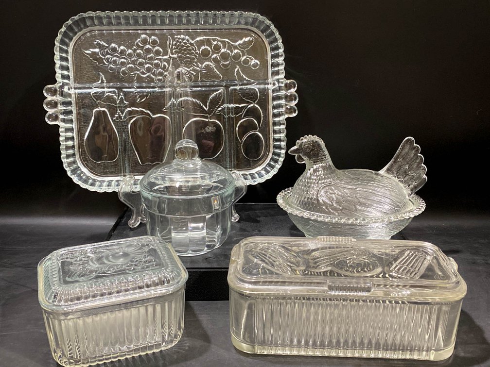 Five Pressed Glass Decorative Household Items