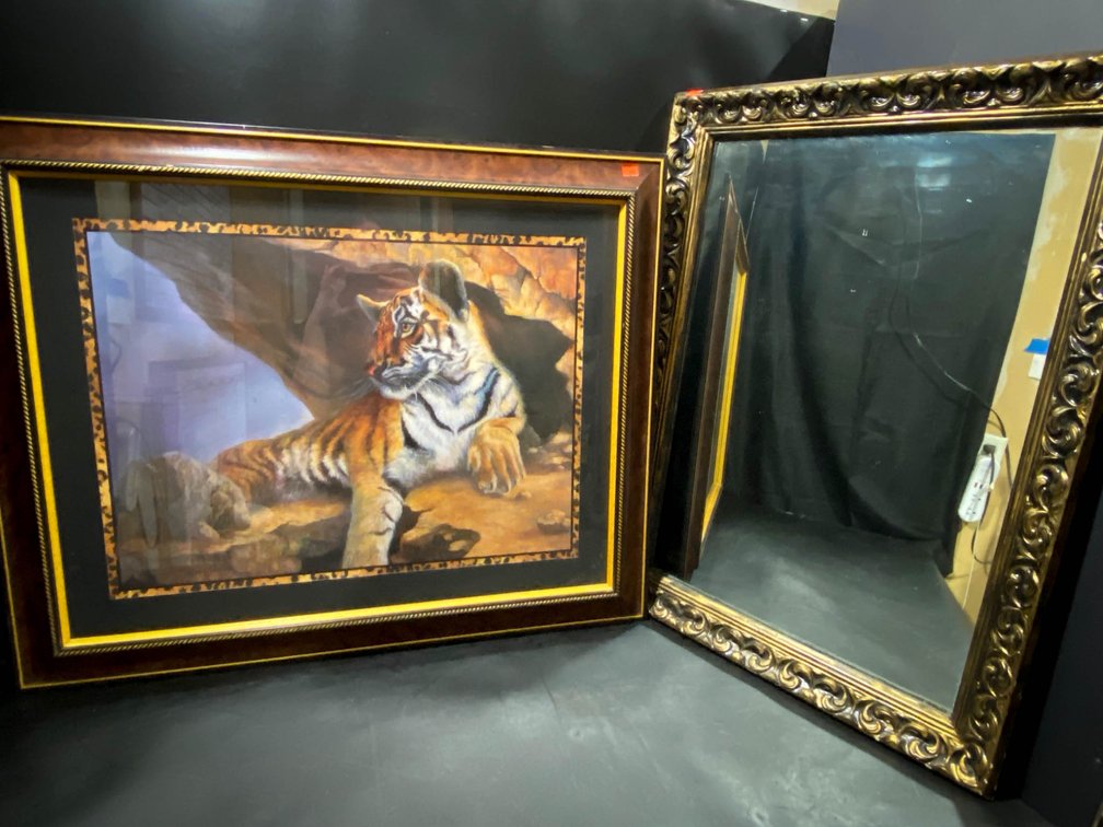 Framed Tiger Print and Decorative Framed Mirror