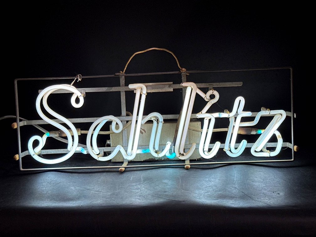 Schlitz Neon Beer Sign, White with Metal Frame