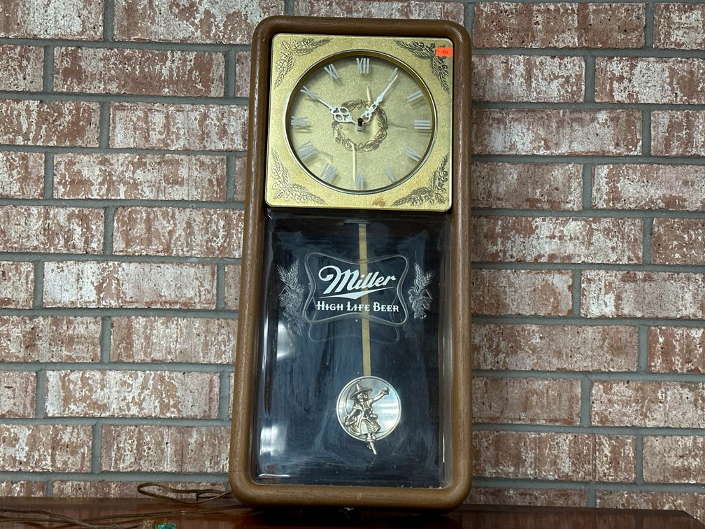 Miller High Life Beer Wall Clock with Pendulum and Brass Accents 11”x24”
