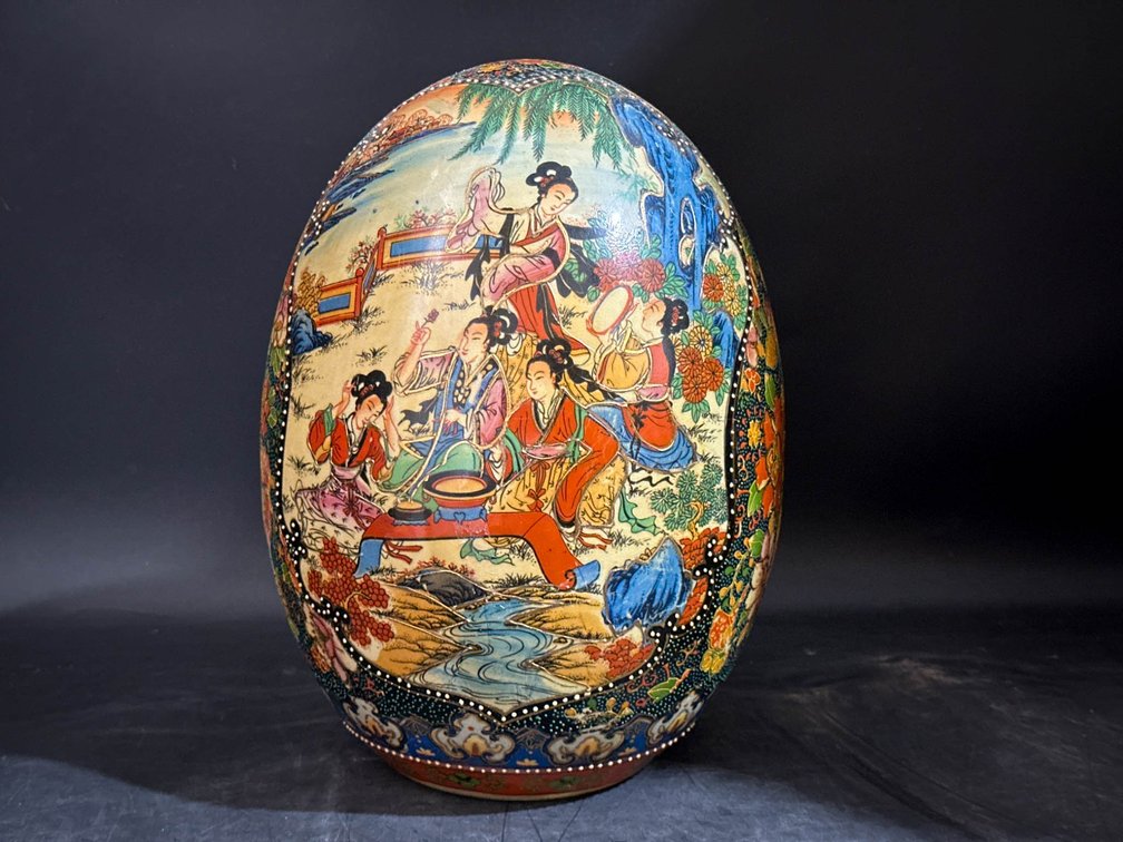 Hand-Painted Asian Decorative Ceramic Egg with Floral and Figurative Design