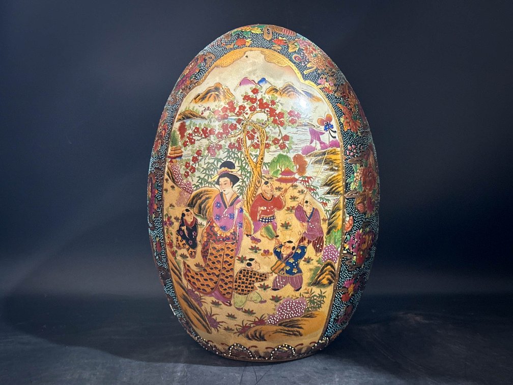 Hand-Painted Decorative Egg-Shaped Object with Asian-Inspired Scene and Floral Motifs