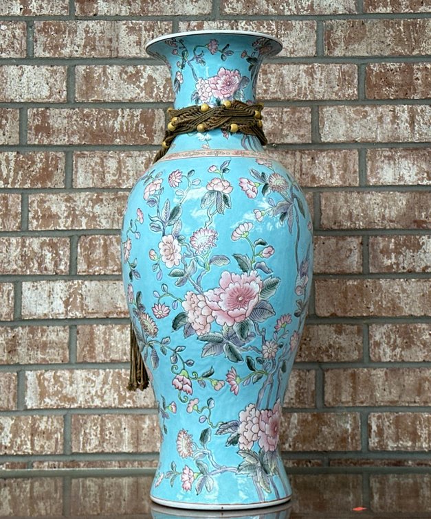 25-Inch Floral Ceramic Vase With Blue Background