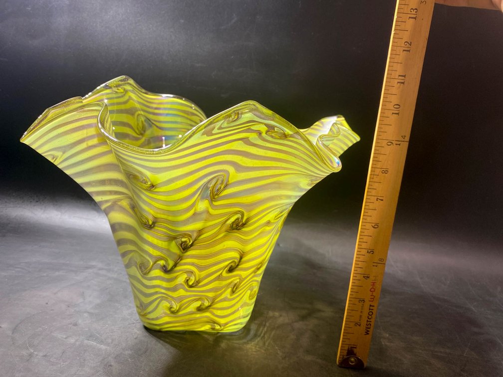 Yellow and Green Swirl Glass Art Vase with Organic Shape