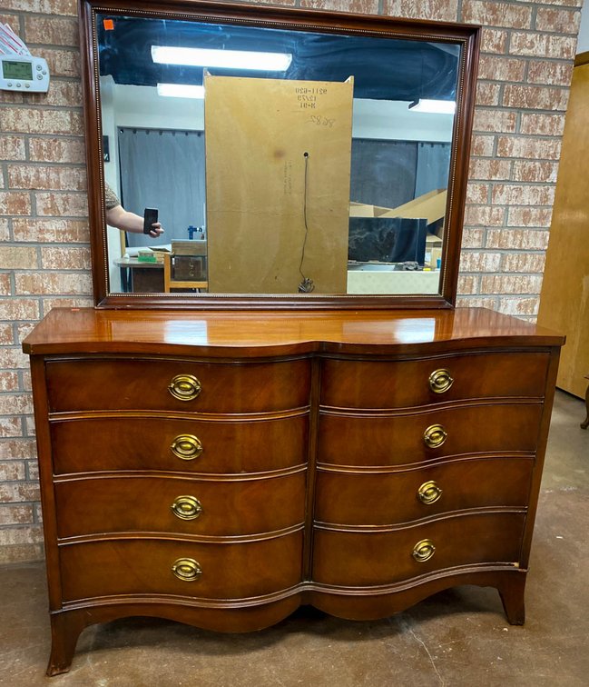 Wooden Dresser with Mirror and Brass Hardware