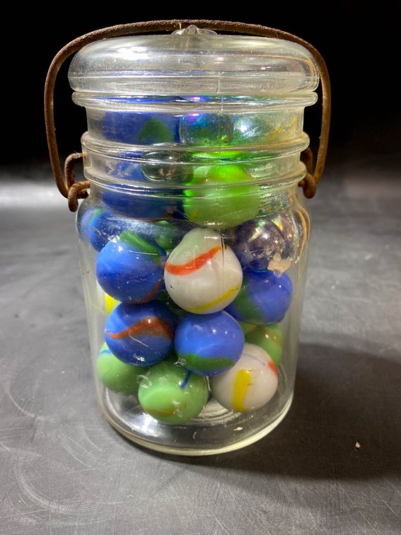 Glass Jar with Assorted Marbles and Wire Bale Closure
