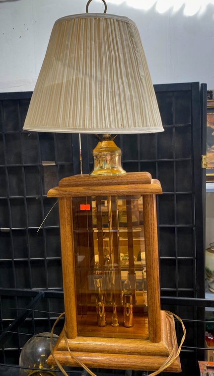 Amber Glass and Wood Table Lamp with Pleated Shade, 29×8