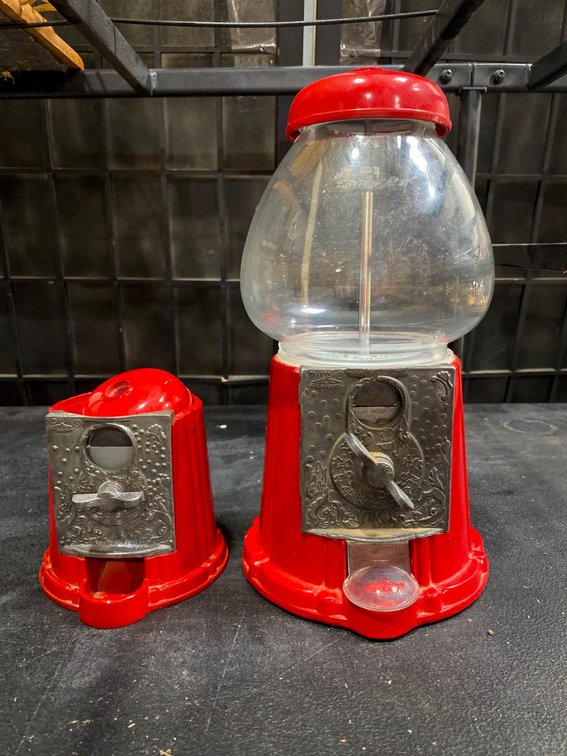 Red Metal and Glass Gumball Machine with 11×5 Dimensions