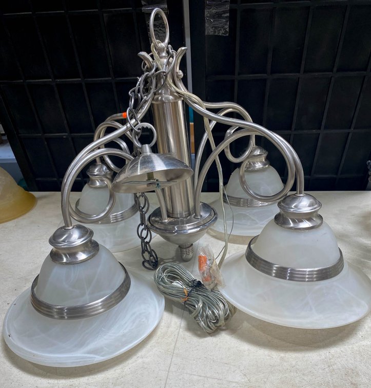 Four-Light Brushed Nickel Chandelier with Frosted Glass Shades, 20×20