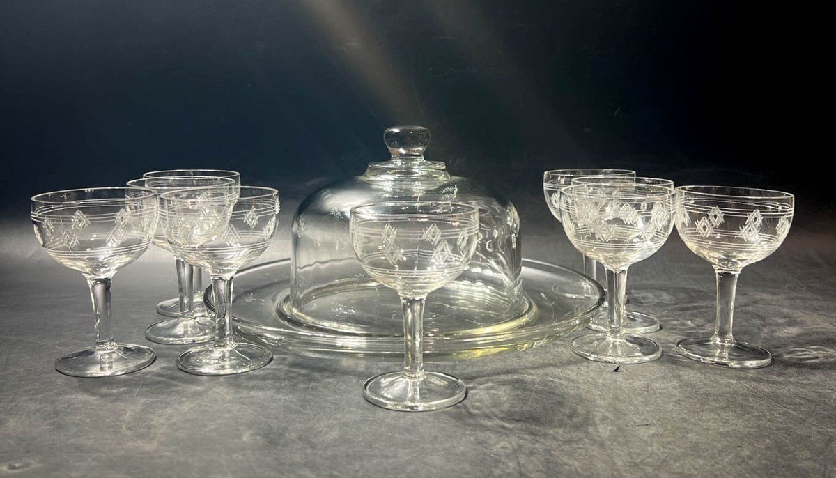 Etched Glass Coupes and Glass Dome with Plate