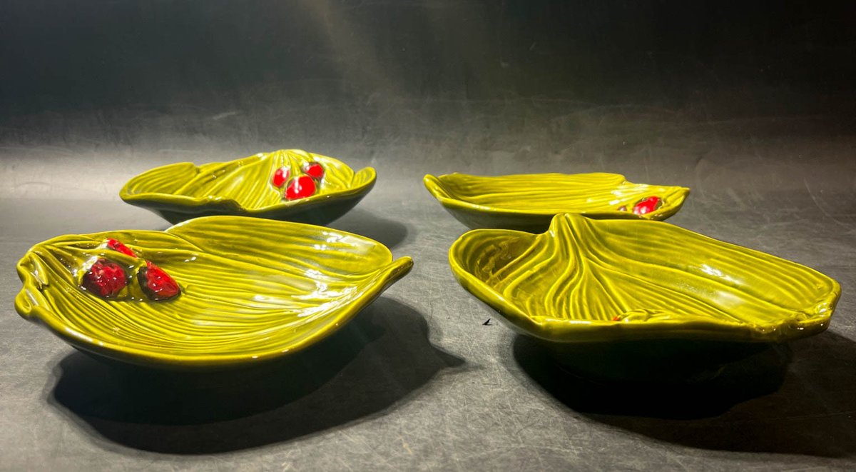 Four Green Ceramic Leaf Dishes with Red Berry Accents