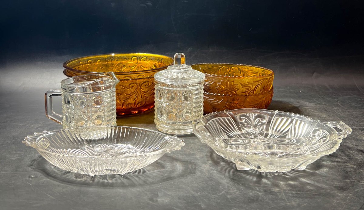 Clear and Amber Pressed Glass Bowls, Dish, Mug, and Jar