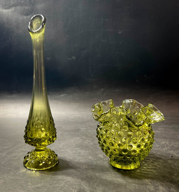 Hobnail Green Glass Vase and Bowl Set