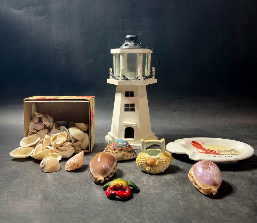 Lighthouse Sculpture 11” Tall with Cape Cod Plate and Assorted Seashells