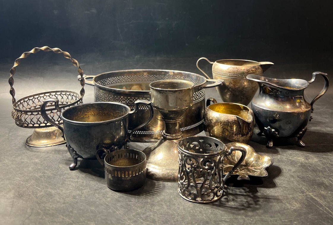 Silver Plated Table Accessories Including Creamers, Bowls, and Holders