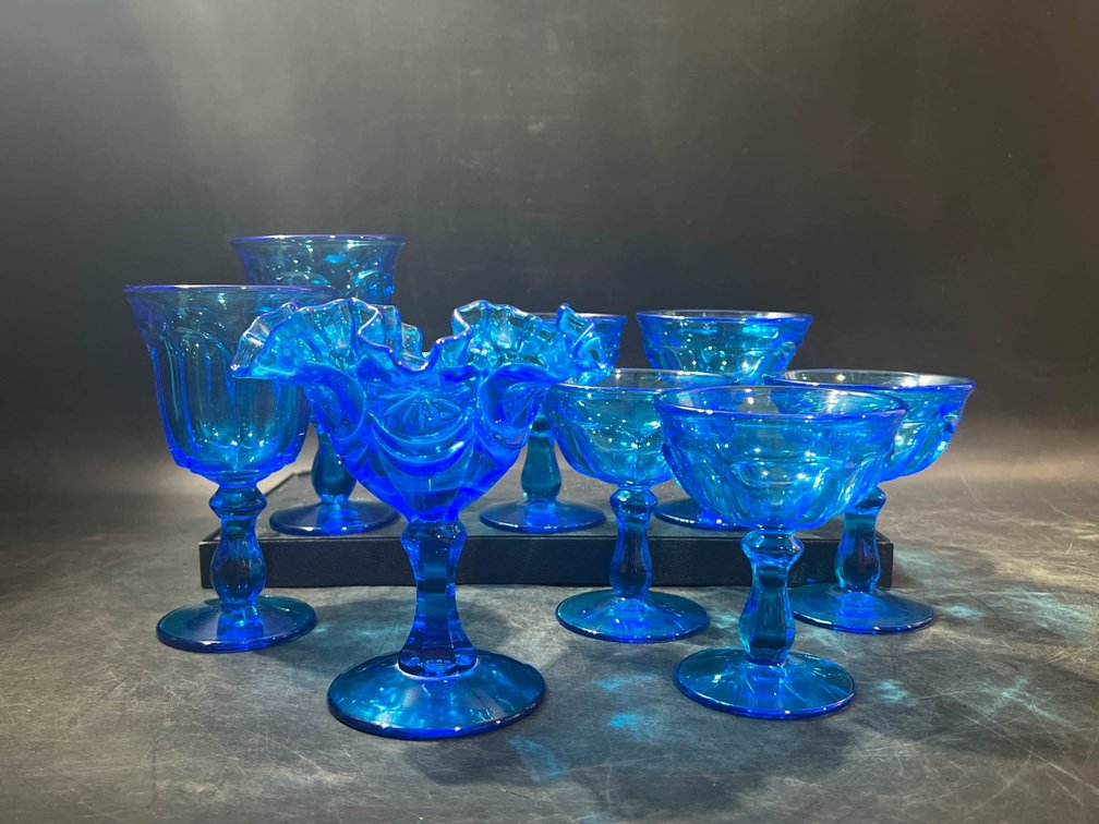 Red-Cliff Blue Pressed Glass Stemware with Ruffled Dish