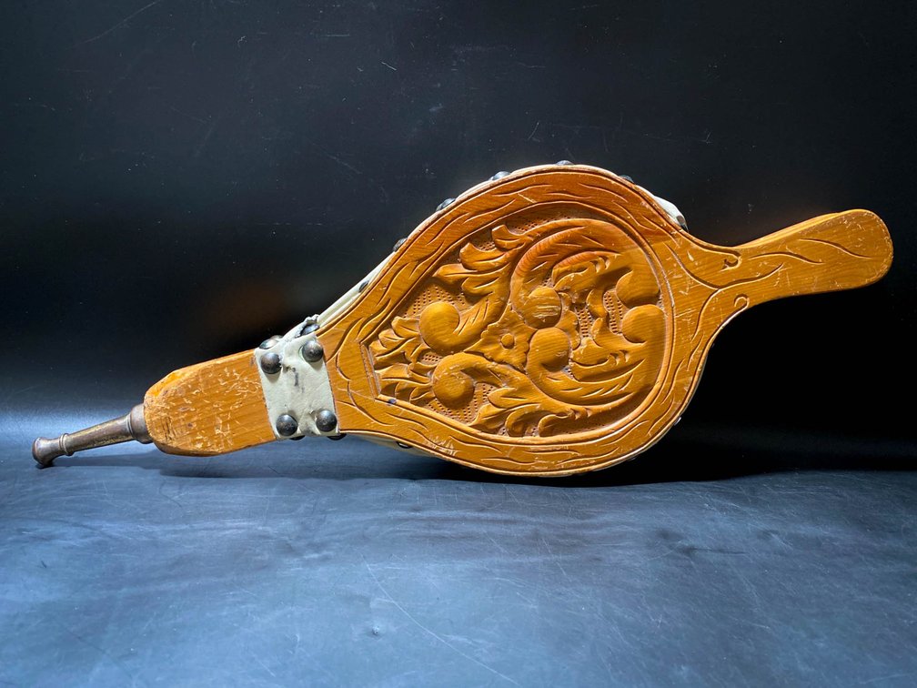 Carved Wooden Fireplace Bellows with Leather and Metal Accents