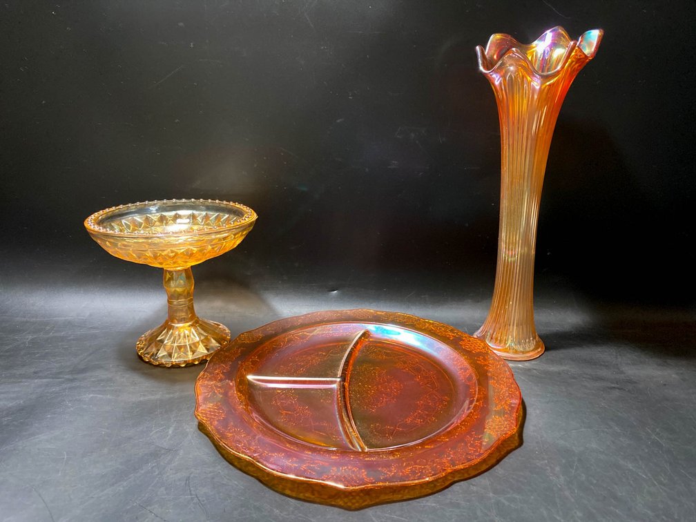 Carnival Glass Items: Divided Plate, Vase, and Compote