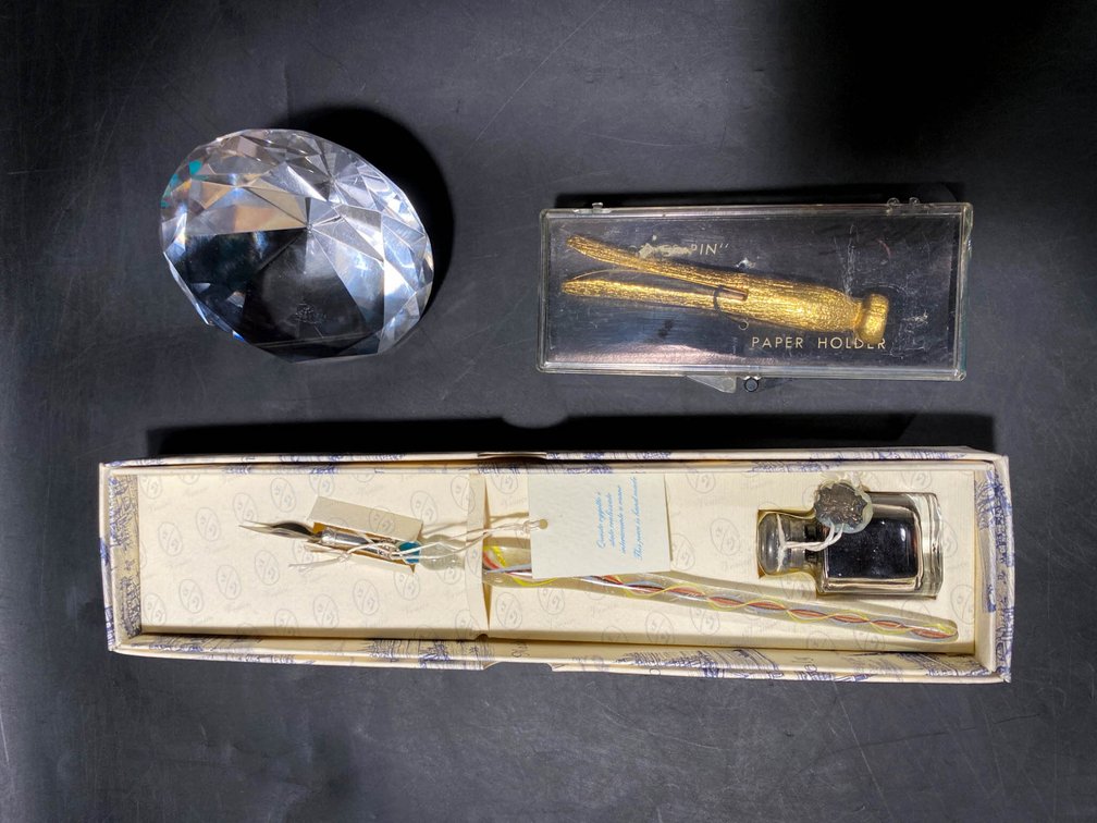 Decorative Items Including Glass Pen Set, Crystal Diamond, and Golden Paper Holder