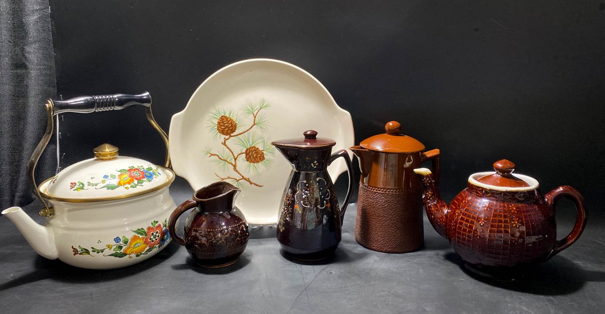 Ceramic Kitchenware and Decorative Items Including Teapot, Pitchers, and Plate