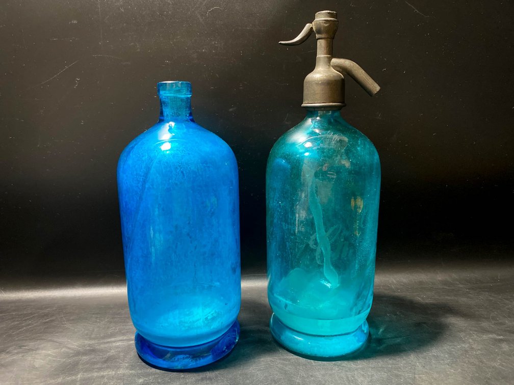 Blue Glass Bottles Including Soda Syphon