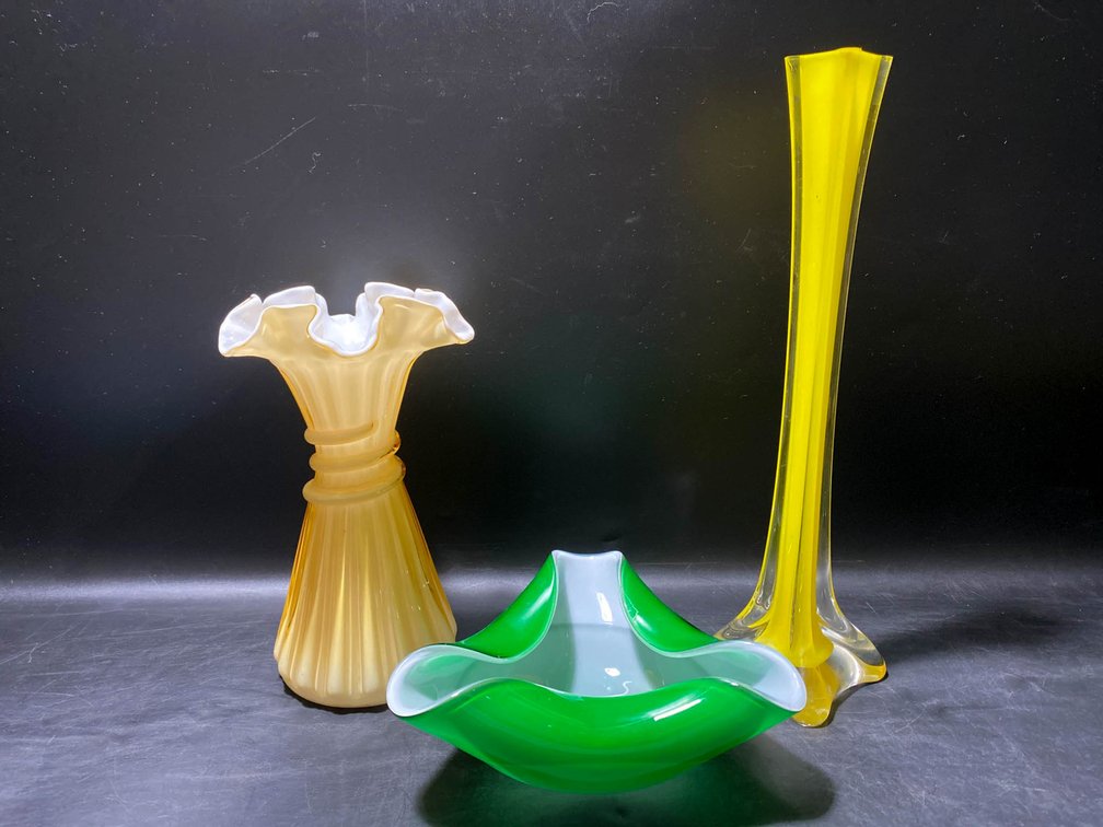 Three Art Glass Pieces Including Two Vases and a Bowl