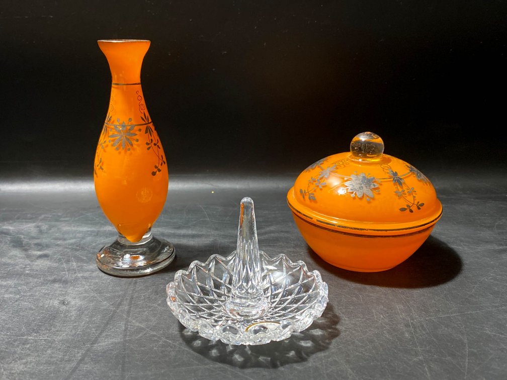 Orange Glass Vase, Lidded Bowl, and Crystal Ring Holder Set