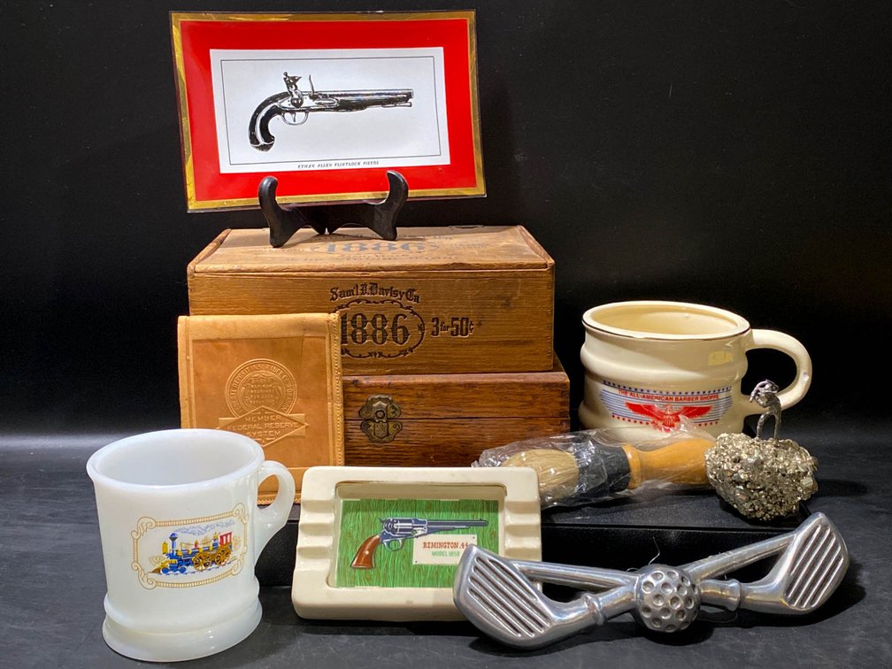 Decorative Items Including Cigar Boxes, Figurines, and Mugs