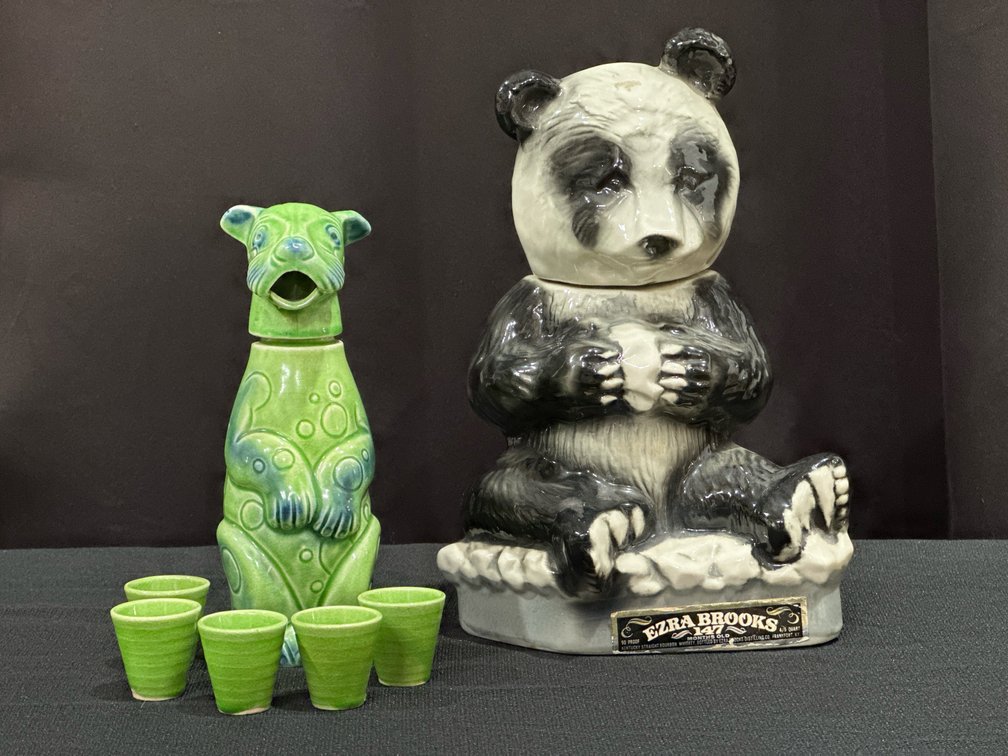 2- Decanters Ceramic Dog w/6 Shot Cups & Ceramic Bear Ezra Brooks