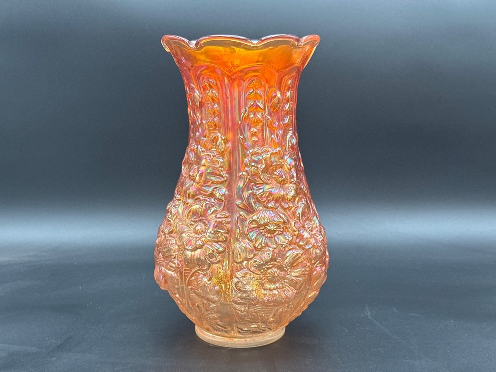 Iridescent Amber Carnival Glass Vase With Floral Pattern