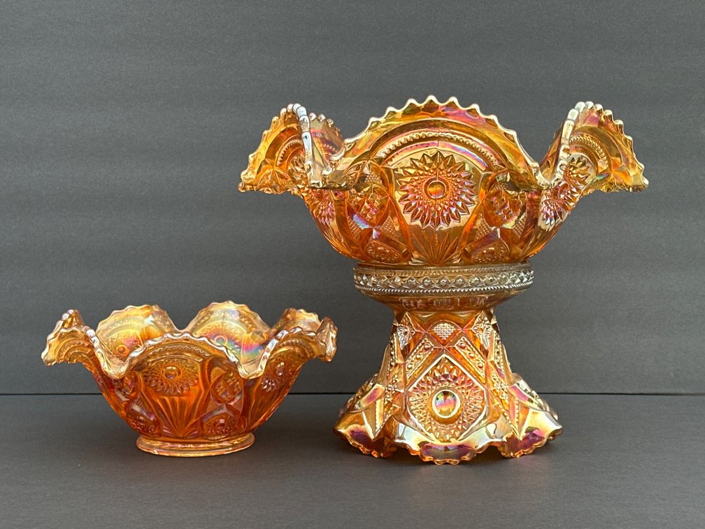 Marigold Carnival Glass Bowl and Pedestal Set with Ruffled Edges