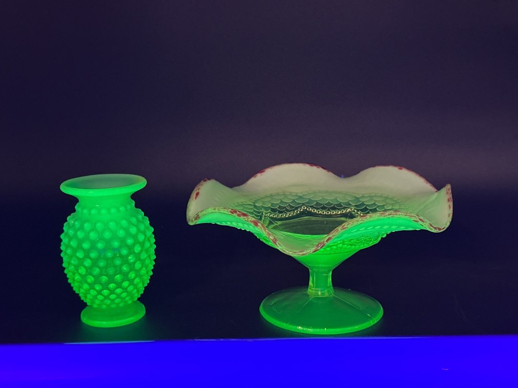 Uranium Glass Hobnail Vase and Ruffled Compote Dish with Red Edging