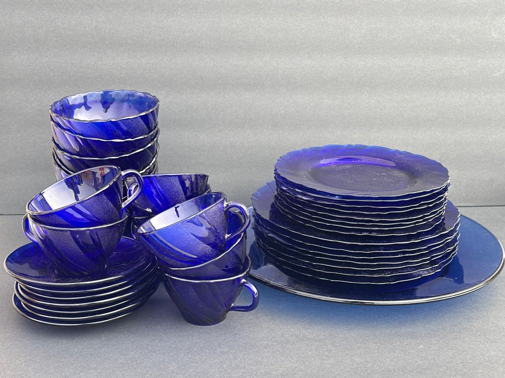 Cobalt Blue Glassware Set Including Cups, Bowls, Plates, and Serving Dish