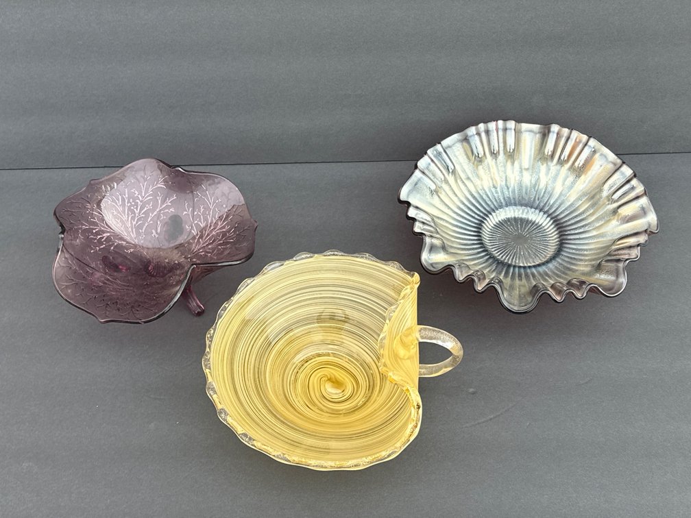 Three Decorative Glass Bowls with Unique Designs and Features