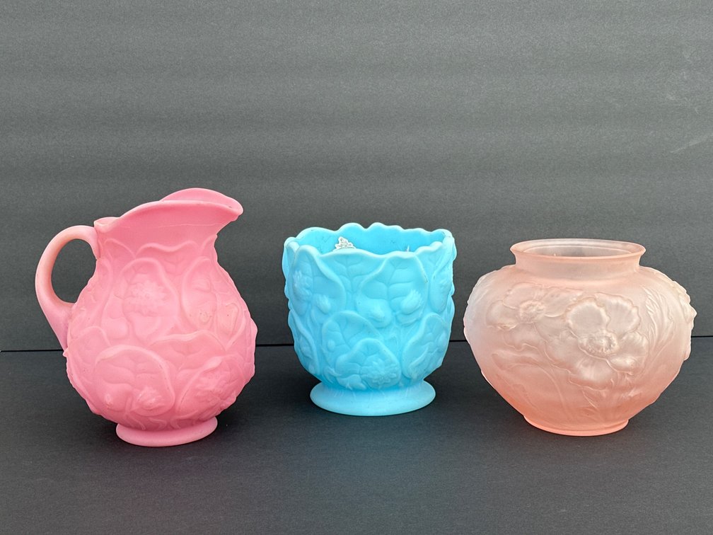 Three Fenton Art Glass Pieces: Pink, Blue, and Peach Colors