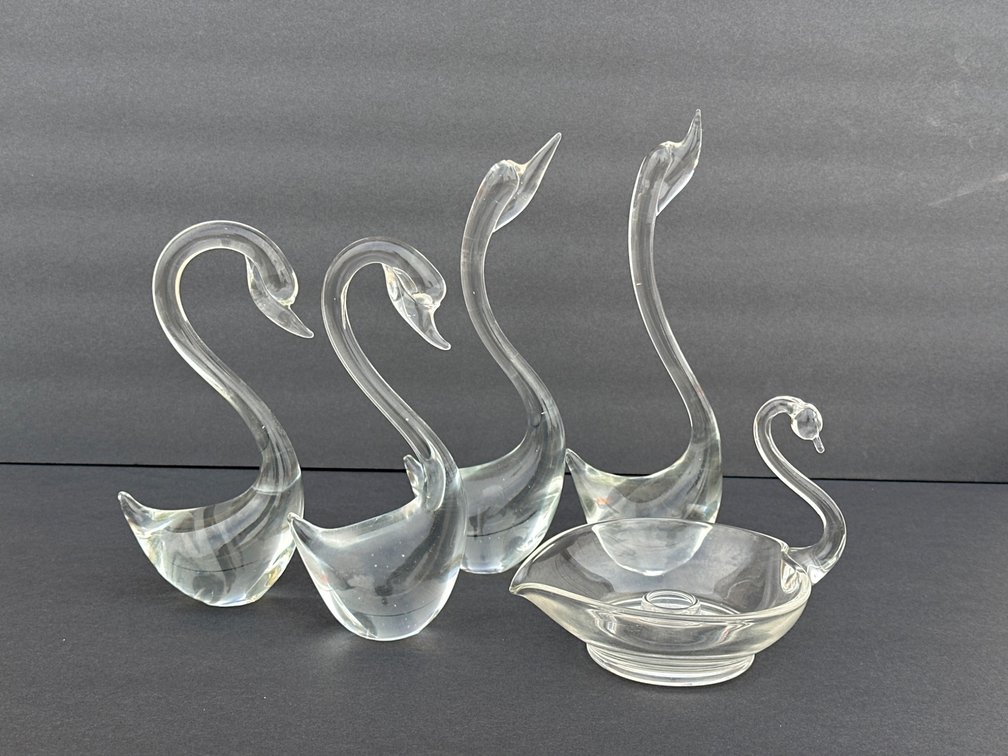 Clear Glass Swan Figurines and Swan-Shaped Dish