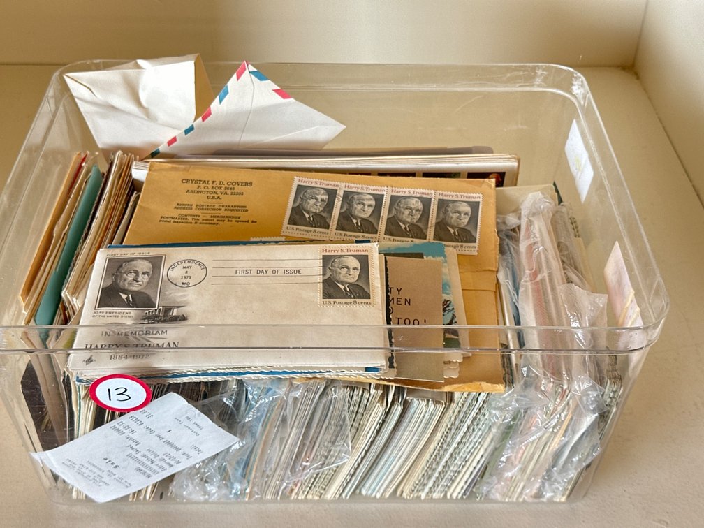 First Day Covers, Postcards, and Ephemera in Clear Storage Box