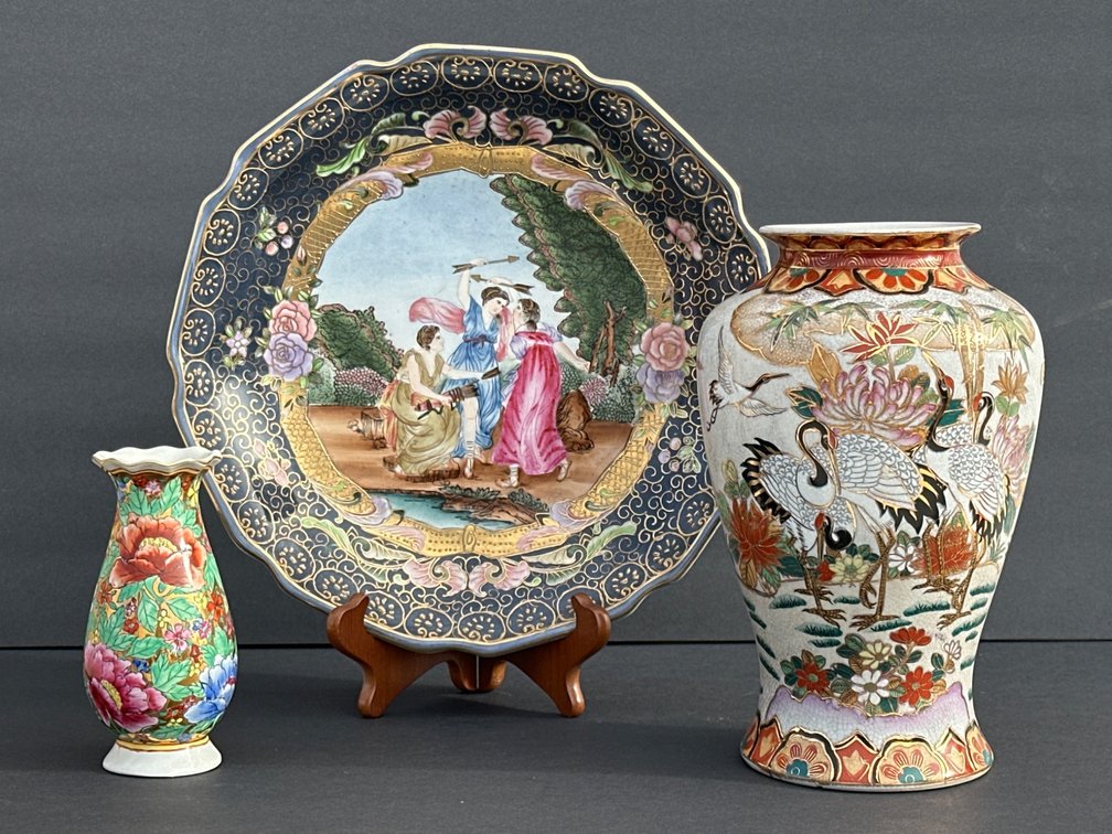 Three Porcelain Decorative Items with Floral and Crane Motifs