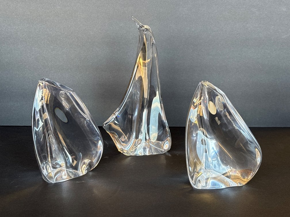 Three Clear Glass Sculptures With Abstract Forms