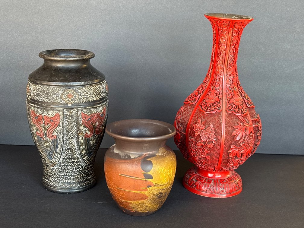 Three Decorative Vases in Varied Styles and Materials