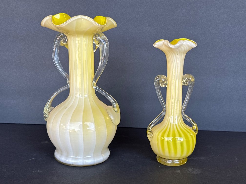 Yellow and White Striped Art Glass Vases with Clear Handles