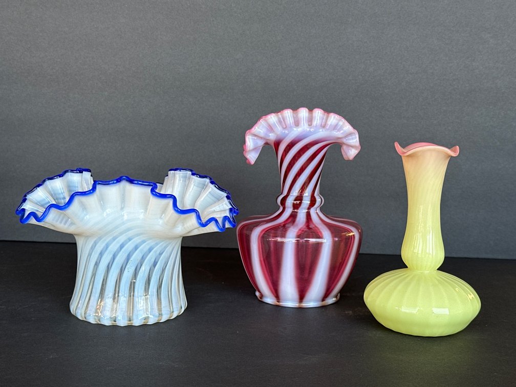 Three Hand-Blown Glass Vases with Ruffled Edge Designs