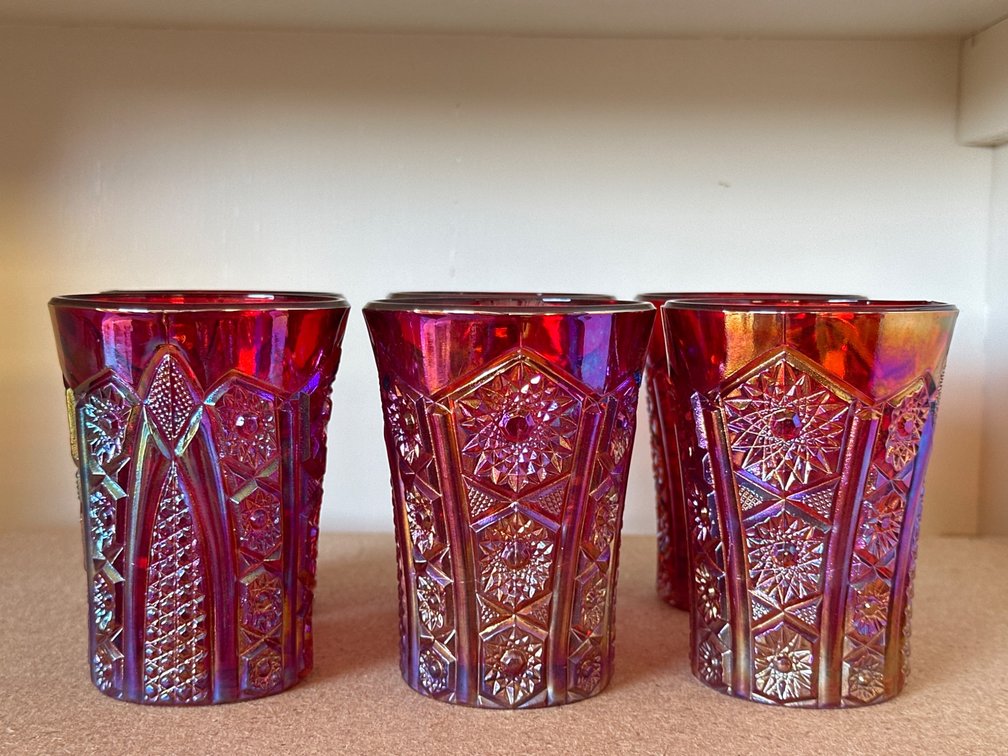 6 Ruby Red Carnival Glass Tumblers with Geometric Star Patterns